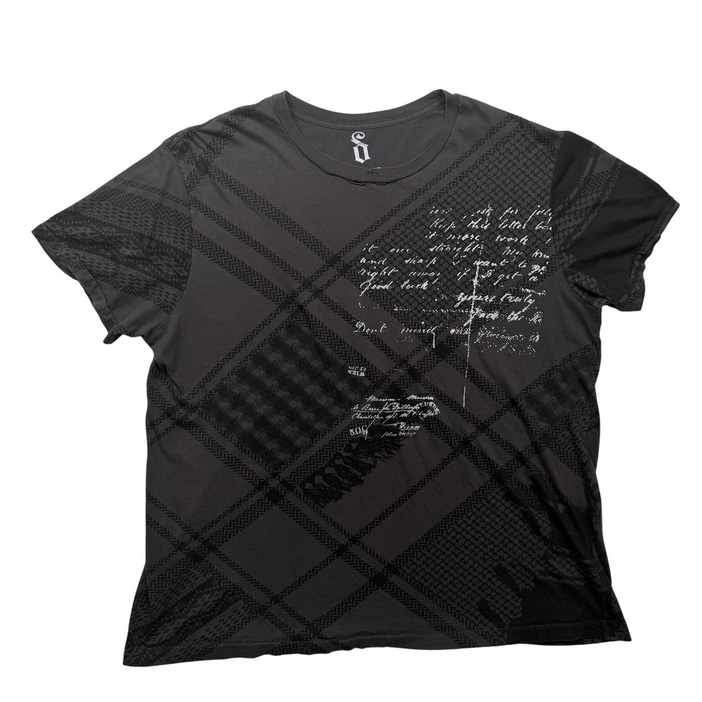 Decree Men's XL Gray Black Plaid Graphic T Shirt Y2K Grunge Gothic Distressed